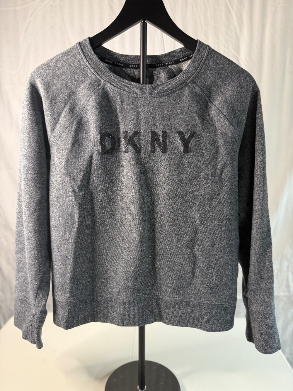 DKNY Sport Gray Logo Crewneck Sweatshirt Women’s Medium Black Glitter Graphic